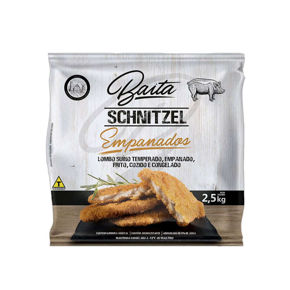 O Schnitzel é um delicioso lombo suíno temperado e empanado da Baita. Com sabor marcante e inconfundível conquista os mais diversos paladares.